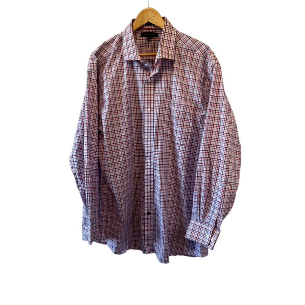 MENS TOMMY HILFIGER Blue & Red Check Button Up Collared Long Sleeve Dress Shirt